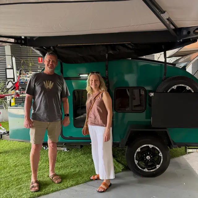 Belinda & Trent with their Breath Trailer at handover