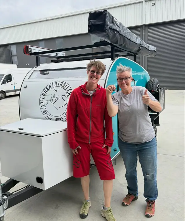 Liz with their Breath Trailer at handover
