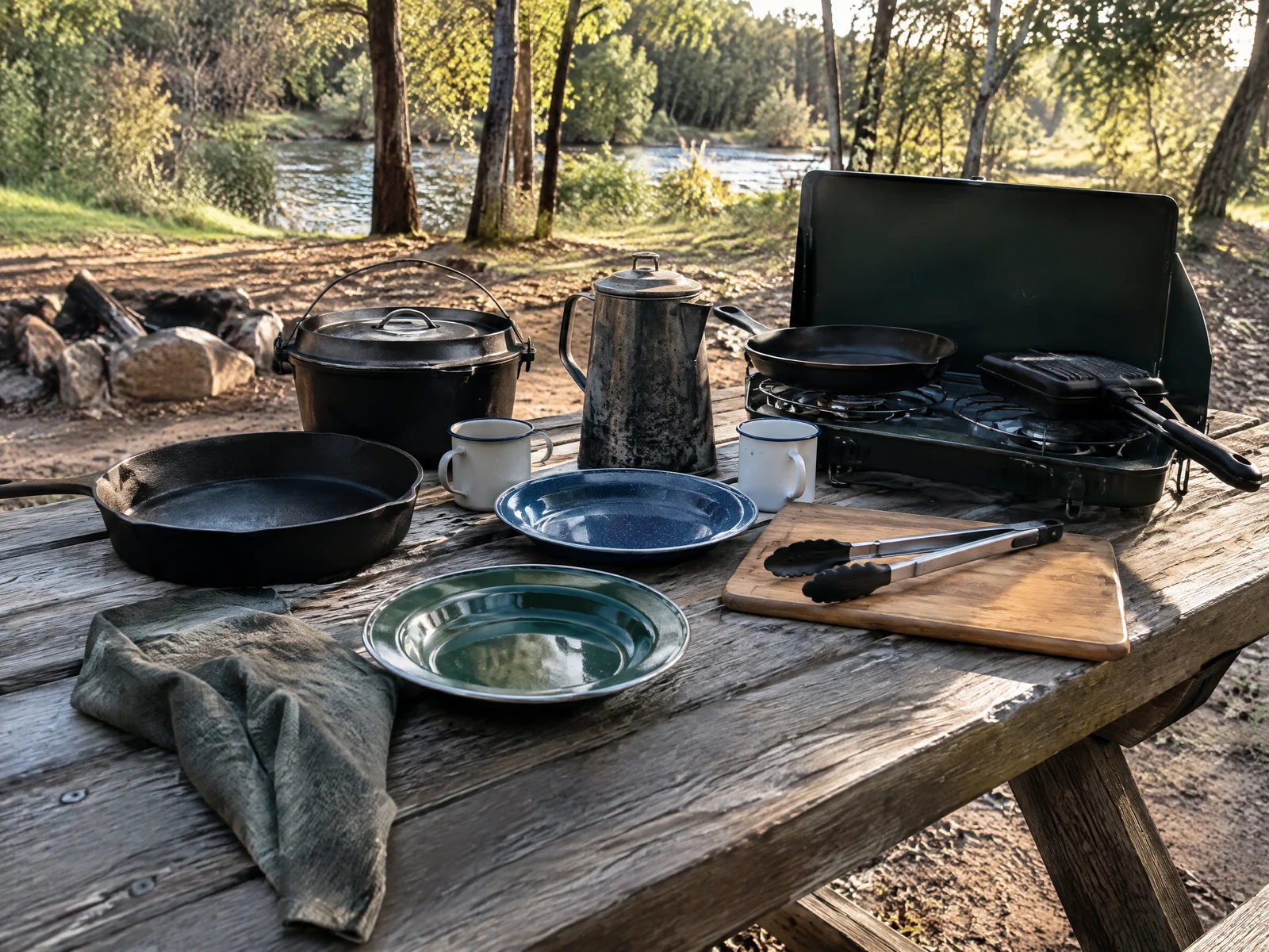 Camp cooking equipment spread on a picnic table at a bush campsite in golden afternoon light