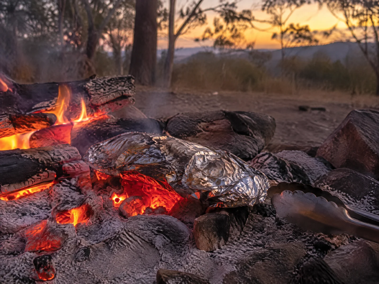 Foil-wrapped fish parcel cooking on glowing campfire coals at an Australian bush campsite