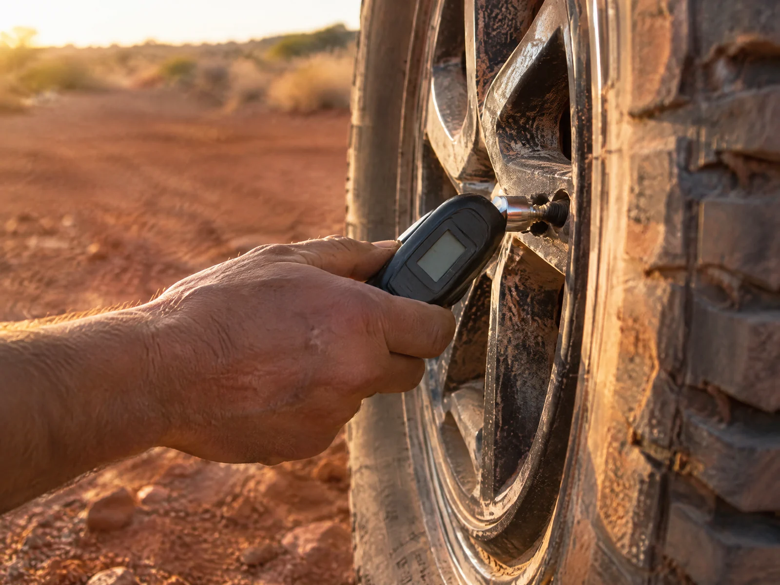 Hand pressing a digital tyre pressure gauge onto a tyre valve on a red outback dirt track at golden hour