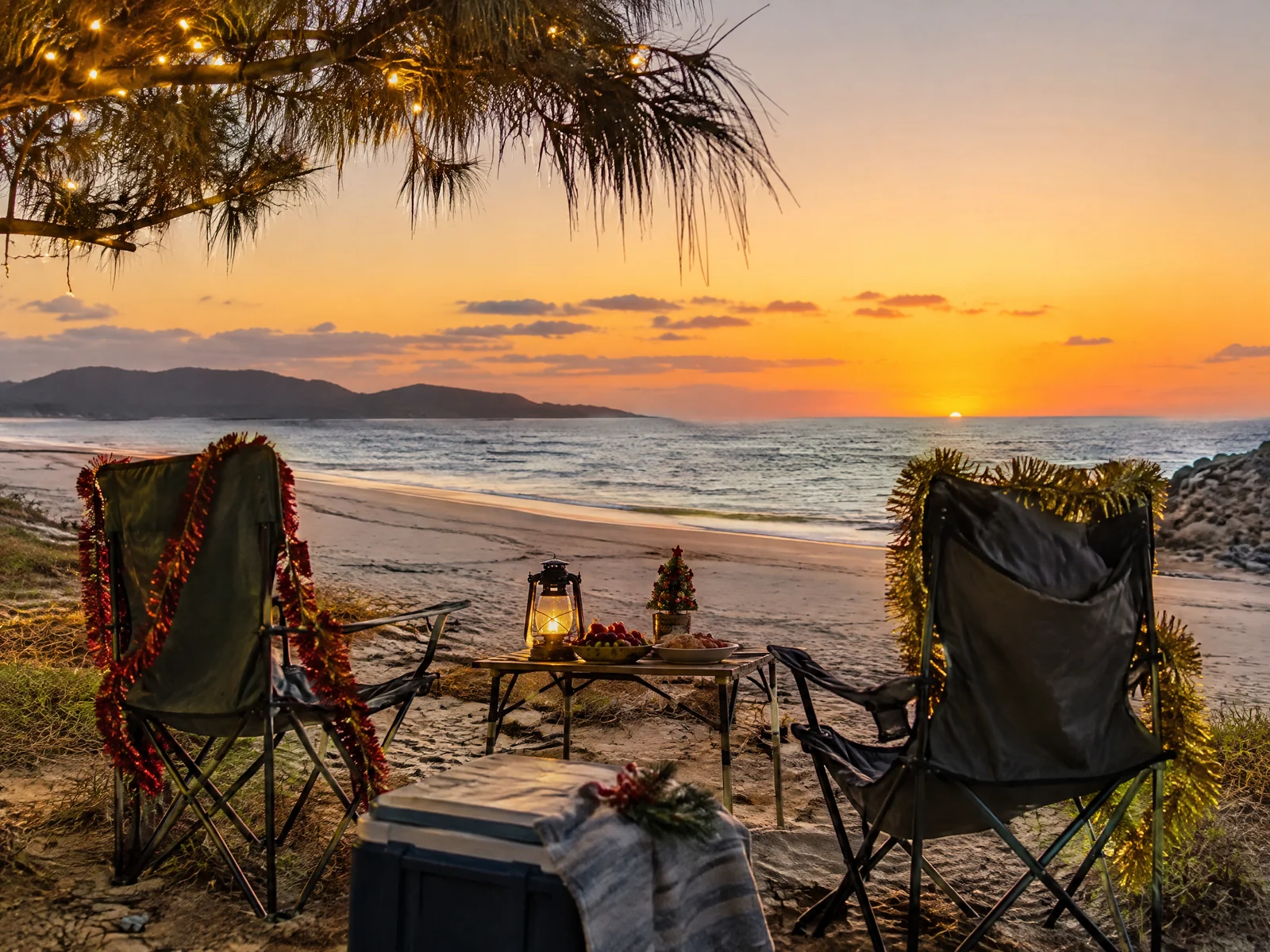 Australian beach campsite at sunset with camping chairs decorated with tinsel and fairy lights