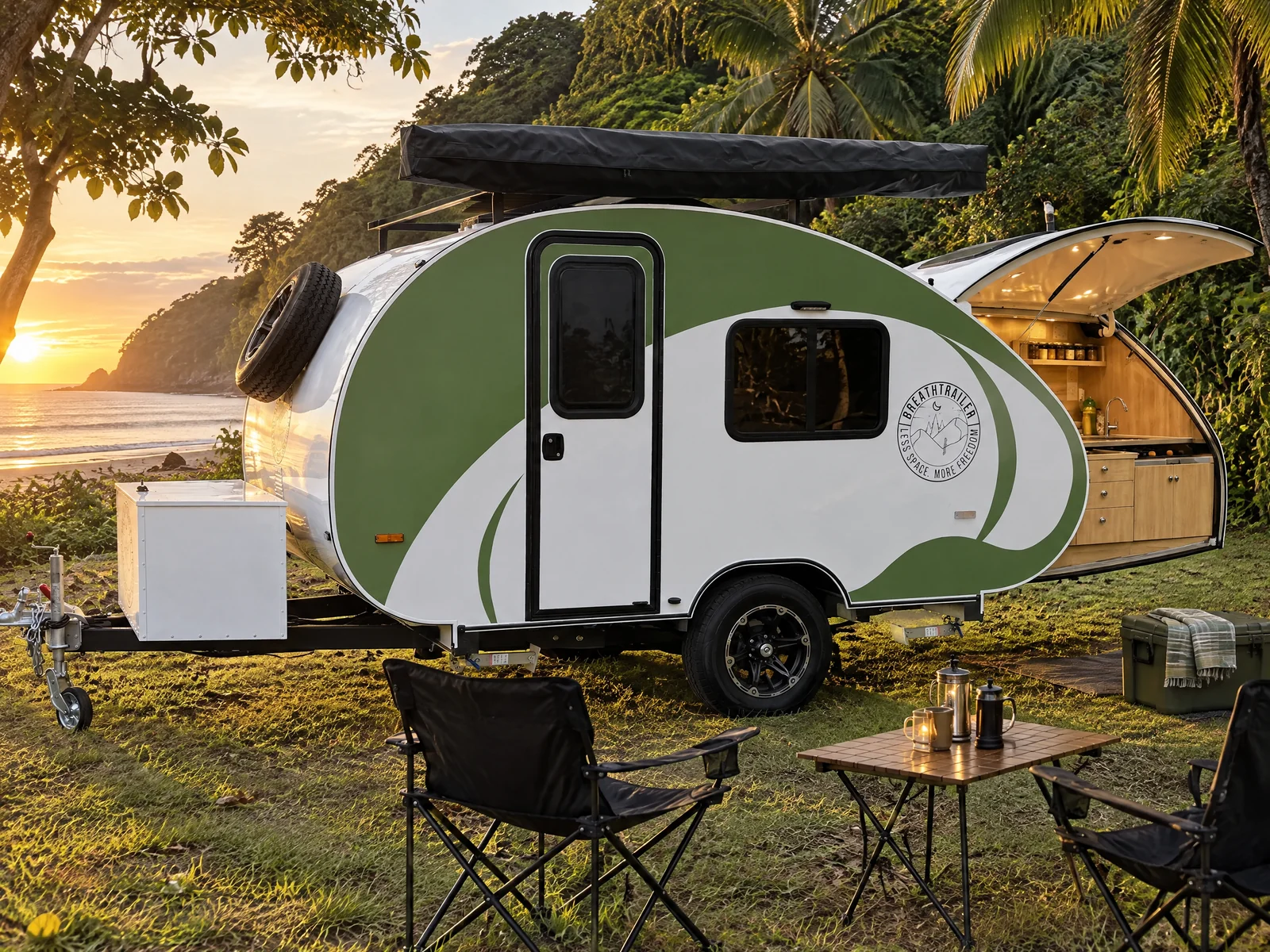 Breath Max at a tropical campsite with rear kitchen hatch open and rainforest backdrop at golden hour