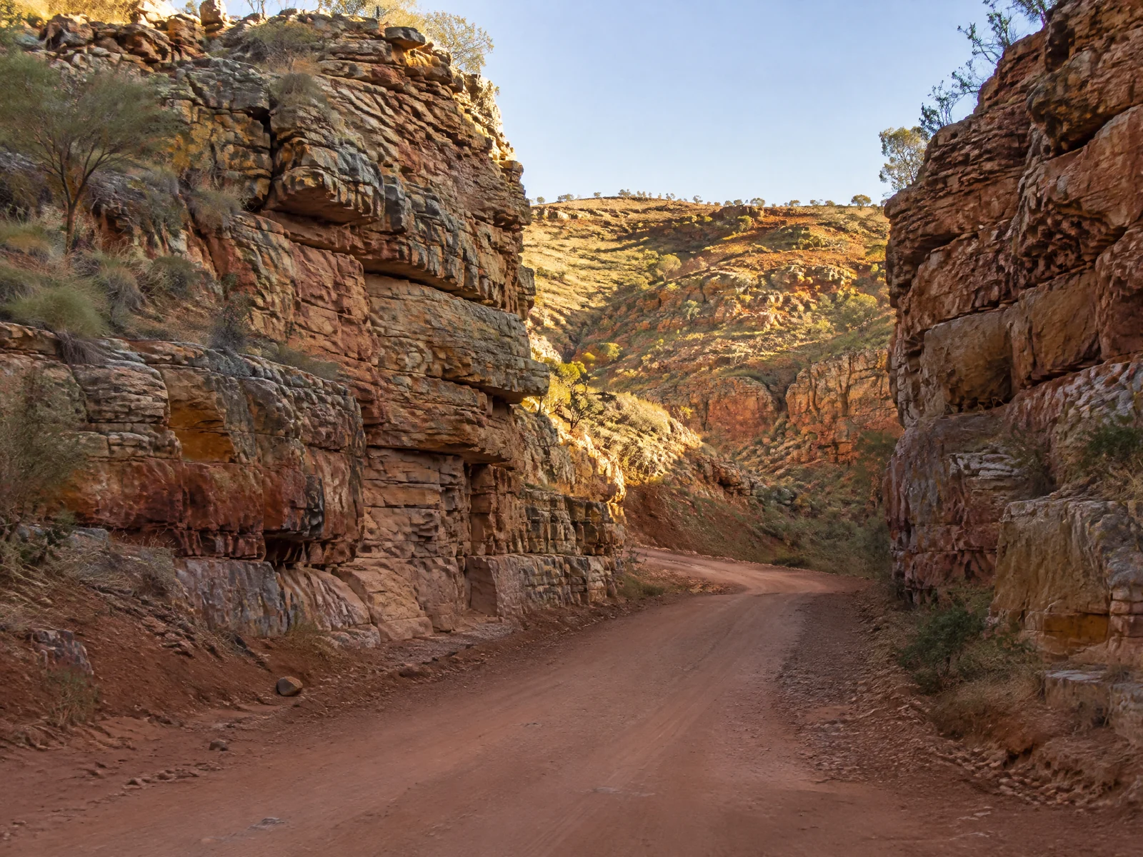 Red unsealed road through layered ancient rock strata in a Flinders Ranges outback gorge at golden hour