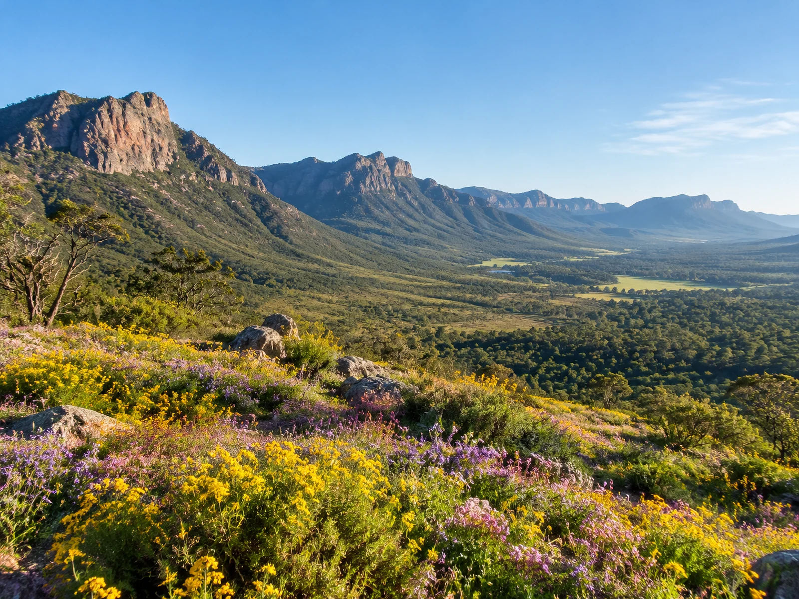 Yellow, purple and pink wildflowers carpeting a Grampians valley with sandstone ranges behind in spring morning light
