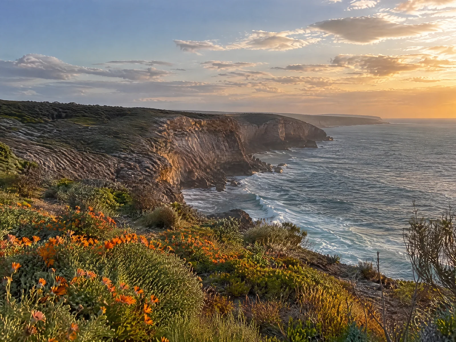 Rugged limestone coastal cliffs above the Southern Ocean with orange wildflowers at golden hour