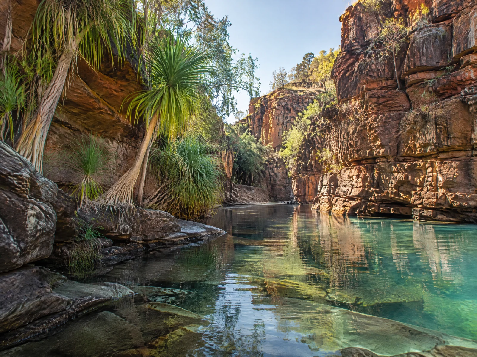 Turquoise pool at the base of a red sandstone gorge in the Kimberley at morning light