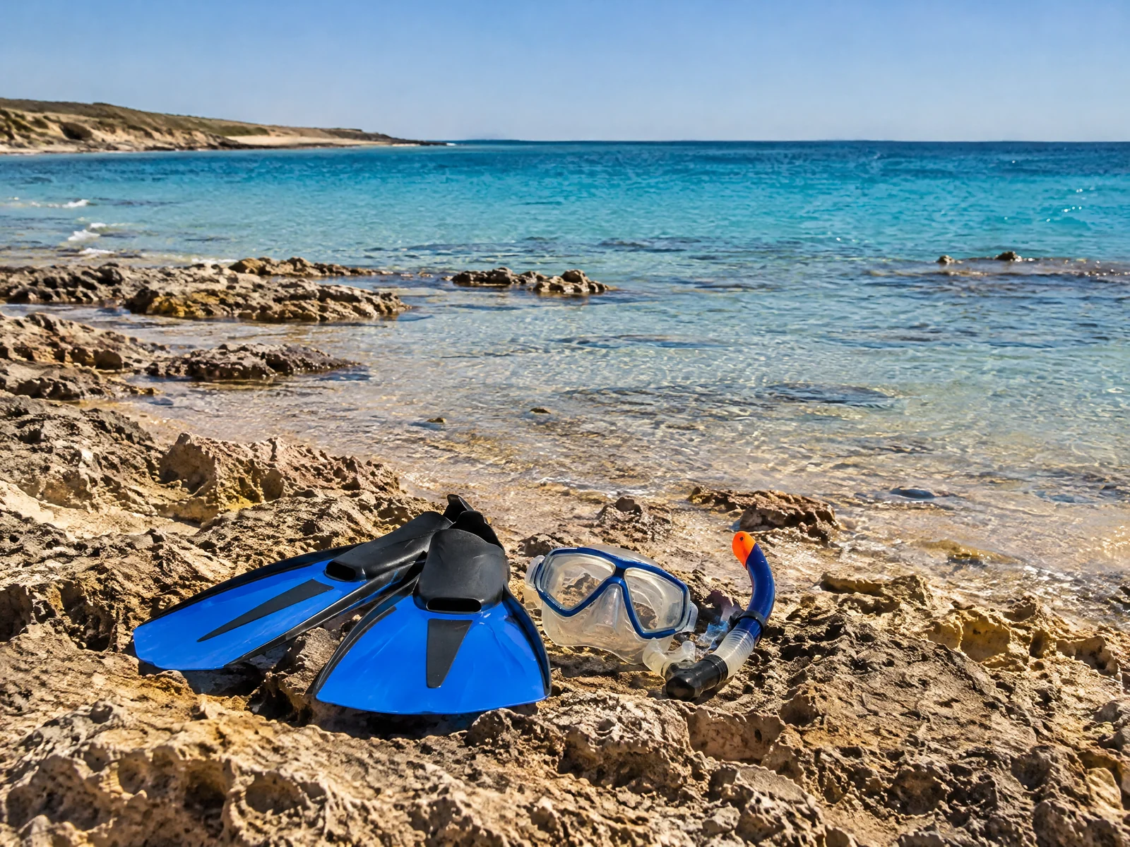 Turquoise water and coral limestone shore at a Western Australian reef beach on a clear autumn morning