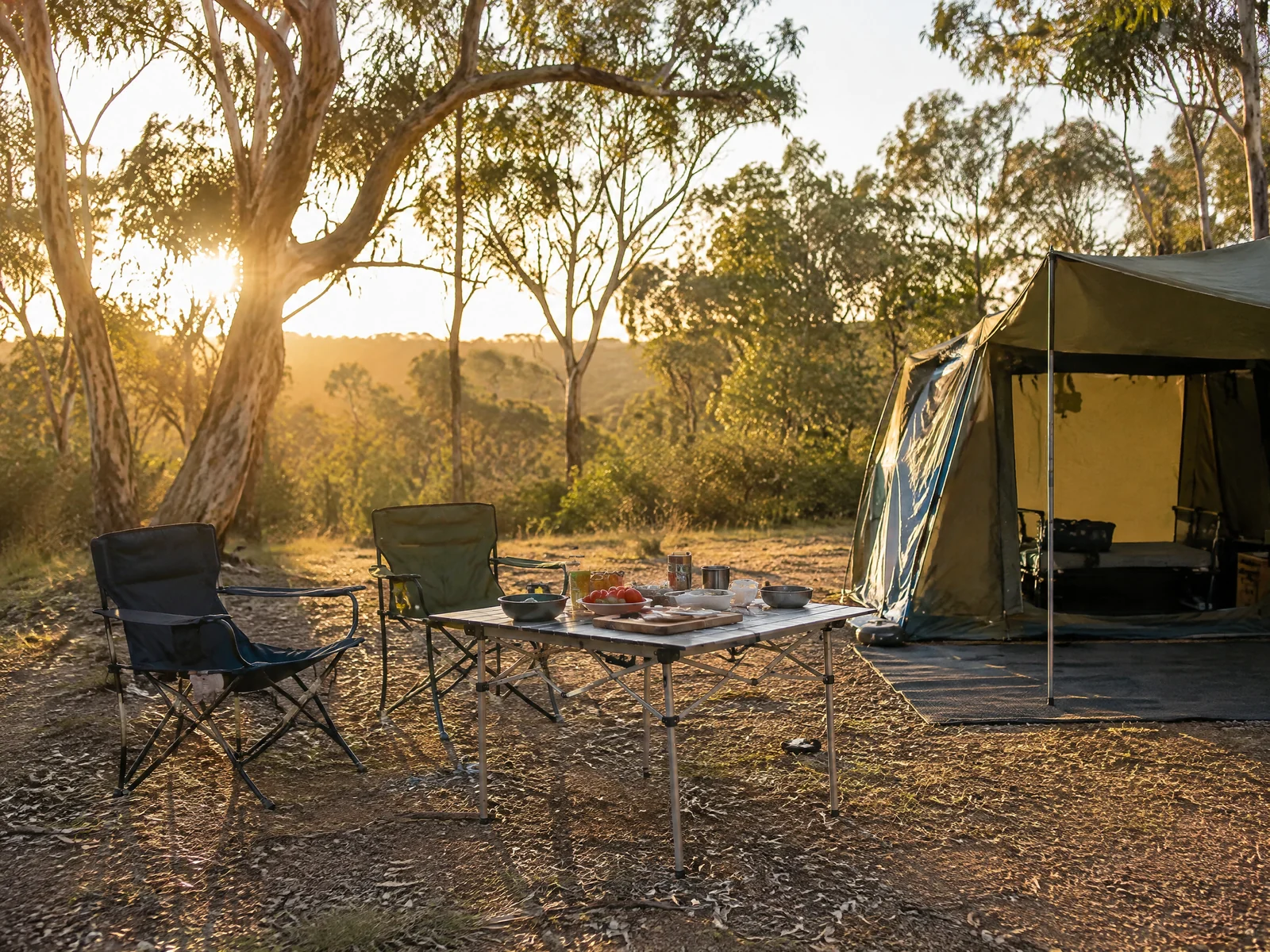 Family campsite in Australian bush at golden hour with picnic table and camping chairs