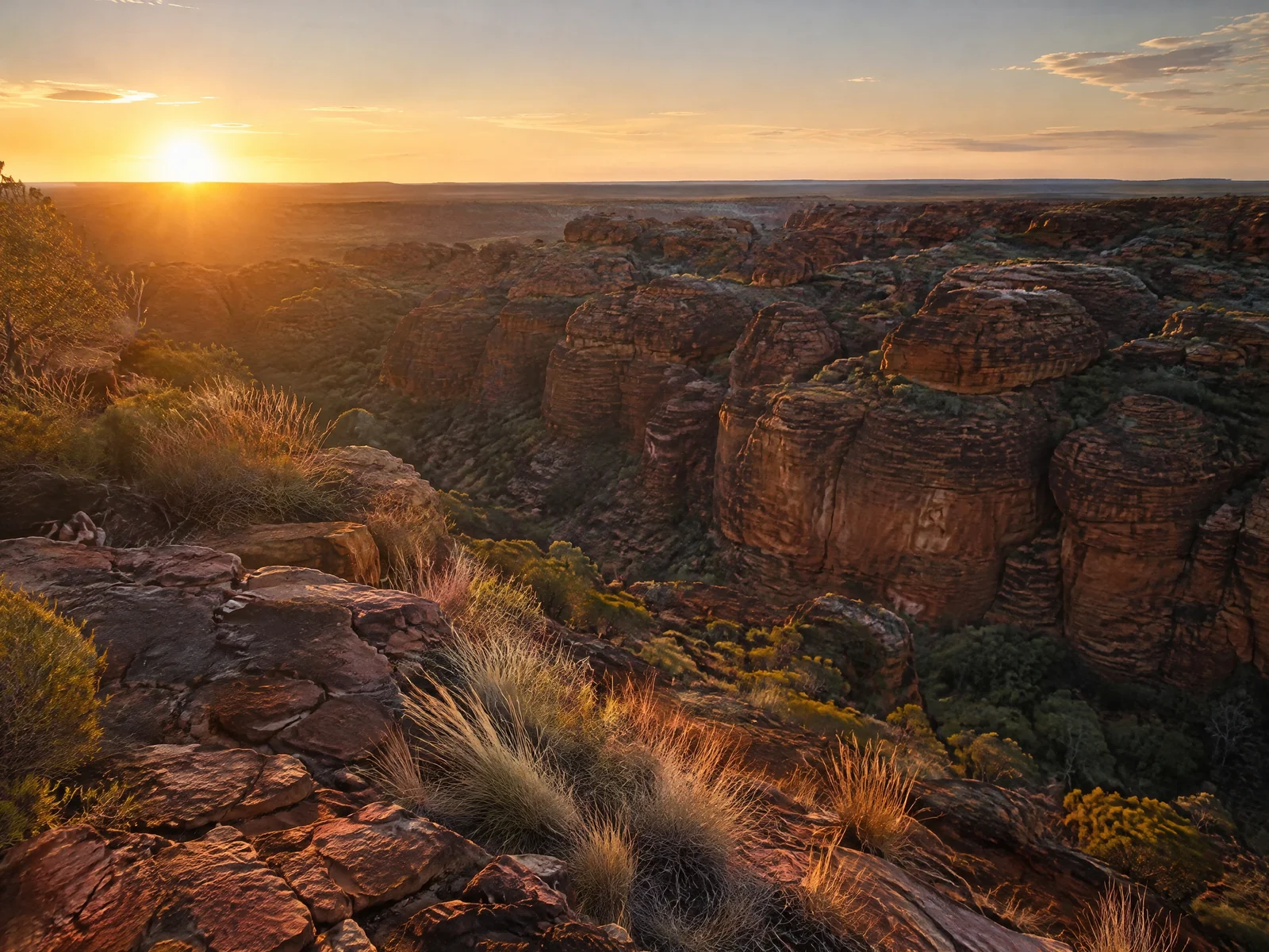 Red sandstone gorge at sunrise with ancient domed rock formations and spinifex grasses