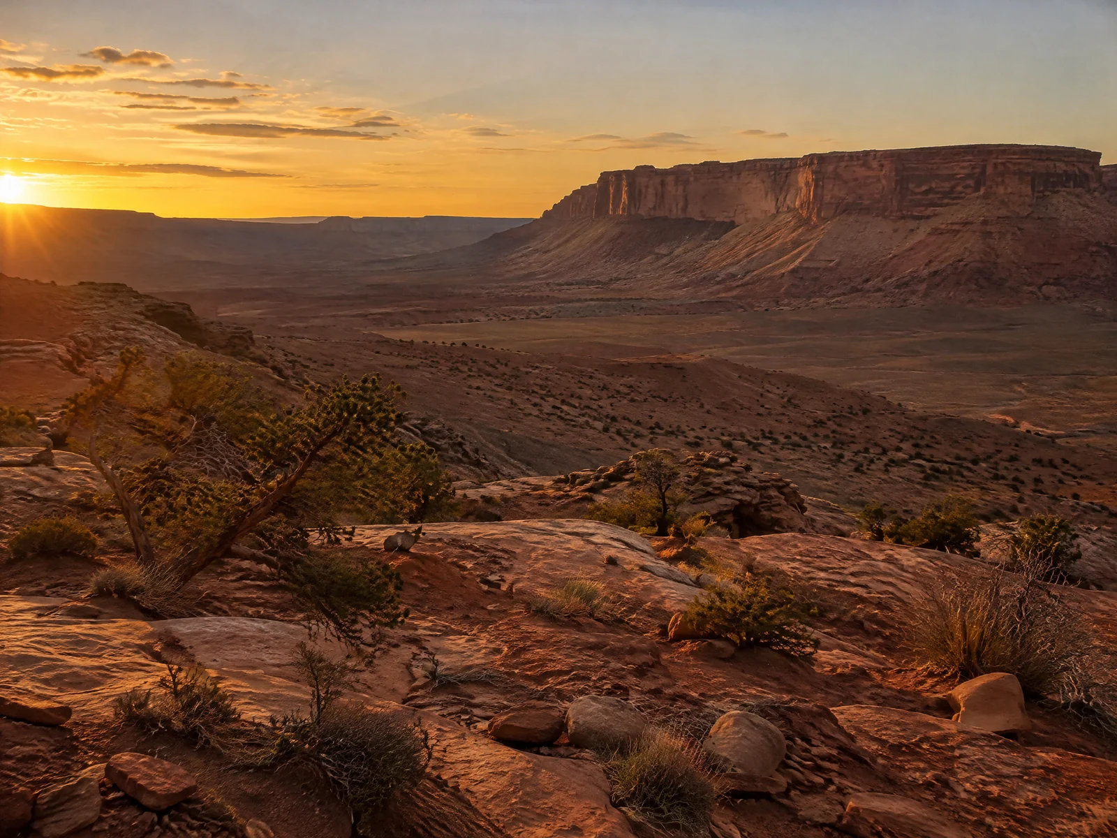 Red sandstone desert landscape at golden hour with a flat-topped mesa on the horizon and sparse desert oaks