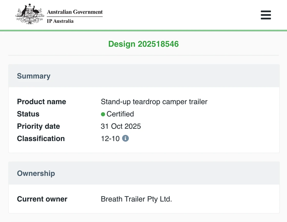 IP Australia record of registered design 202518546 (Breath Max): current owner Breath Trailer Pty Ltd