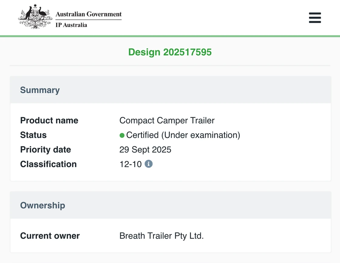 IP Australia record of registered design 202517595 (Breath Plus), current owner Breath Trailer Pty Ltd
