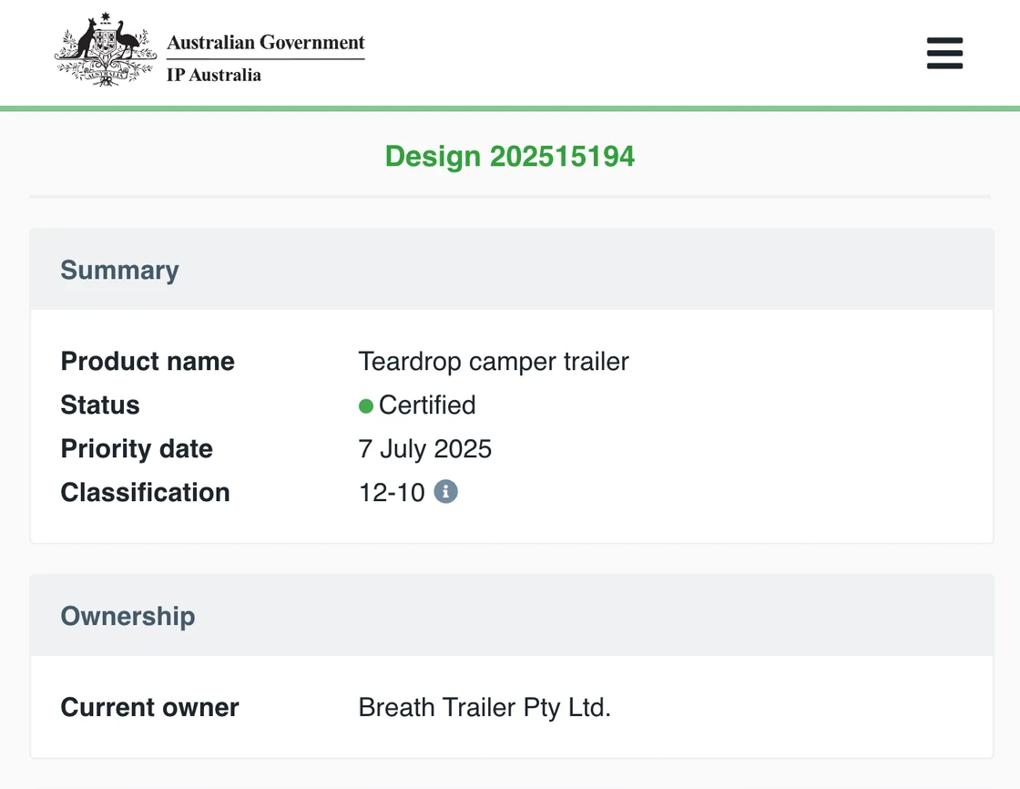 IP Australia record of registered design 202515194 (Breath Ultra), current owner Breath Trailer Pty Ltd