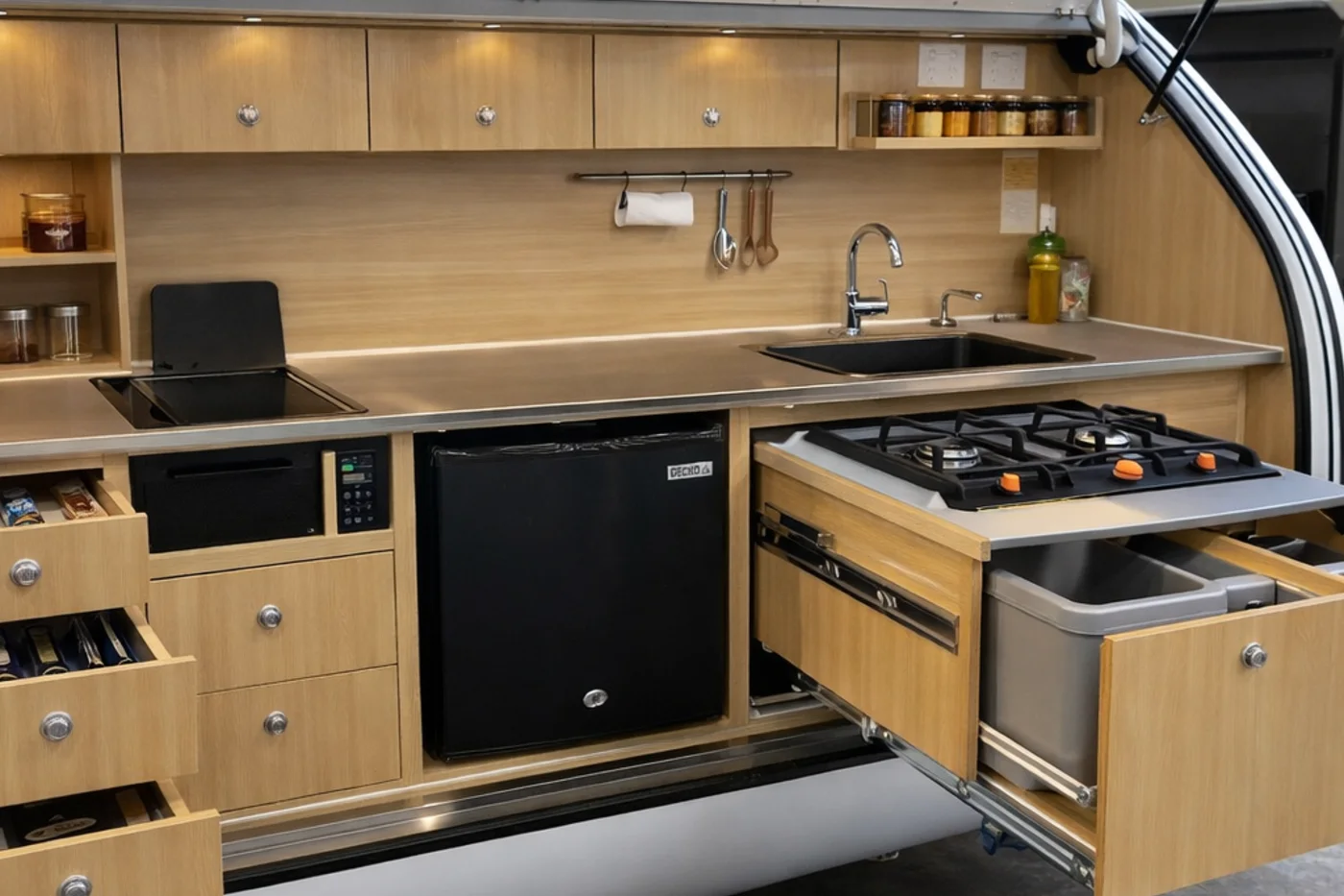 Breath Max full rear kitchen with cooktop and fridge