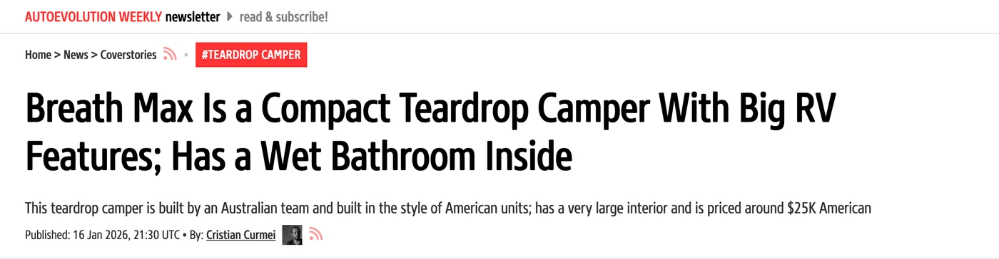 autoevolution article headline: Breath Max is a compact teardrop camper with big RV features and a wet bathroom inside
