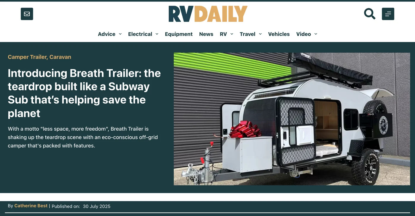 RV Daily article introducing Breath Trailer, with its headline and a Breath teardrop wrapped in a red bow