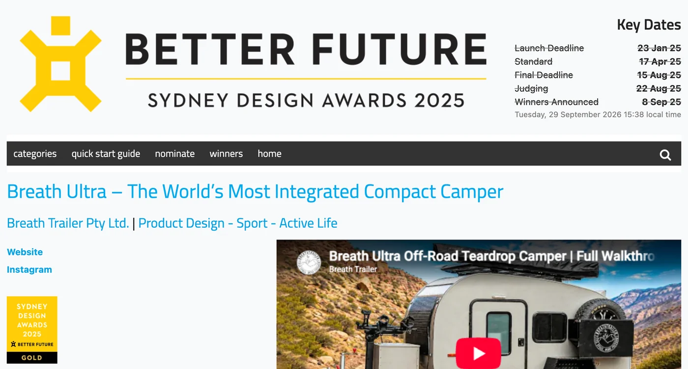 Sydney Design Awards 2025 entry page for the Breath Ultra by Breath Trailer Pty Ltd, showing the Gold badge
