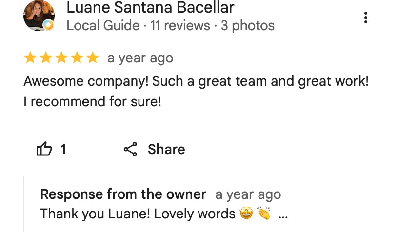 Google review from Luane Santana Bacellar