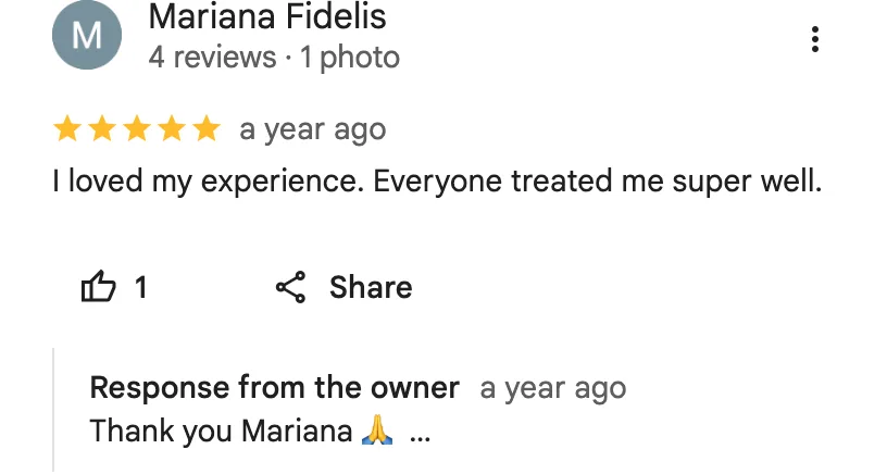Google review from Mariana Fidelis