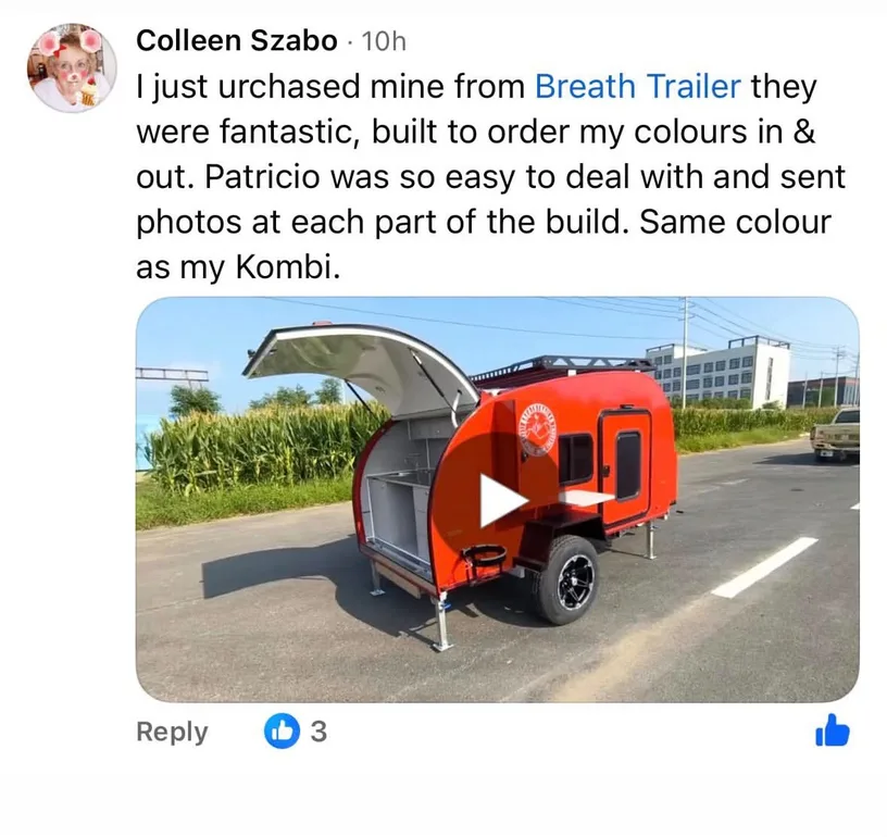 Facebook testimonial from Colleen Szabo with her red teardrop camper