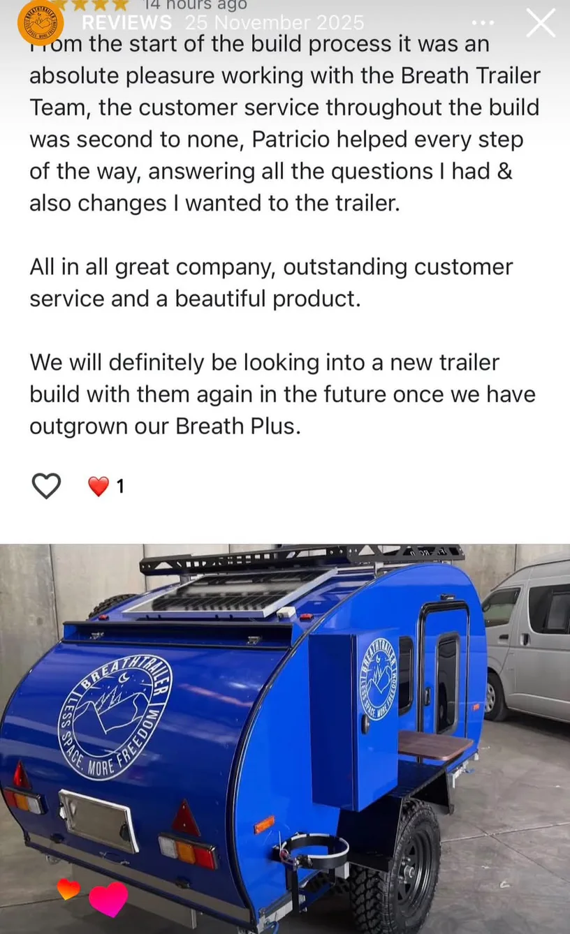 Customer testimonial about the Breath Trailer build process with blue camper photo