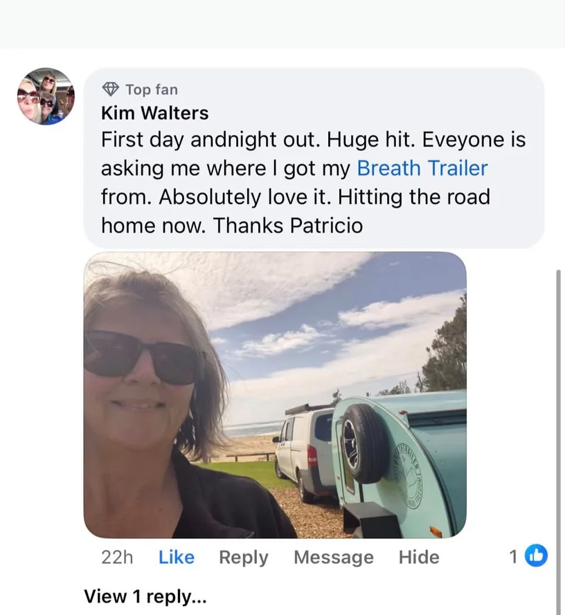 Facebook testimonial from Kim Walters with camper photo