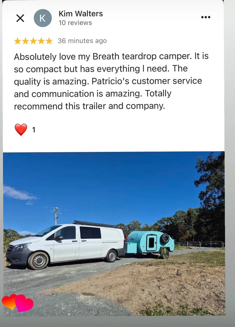 Google review from Kim Walters with teardrop camper photo