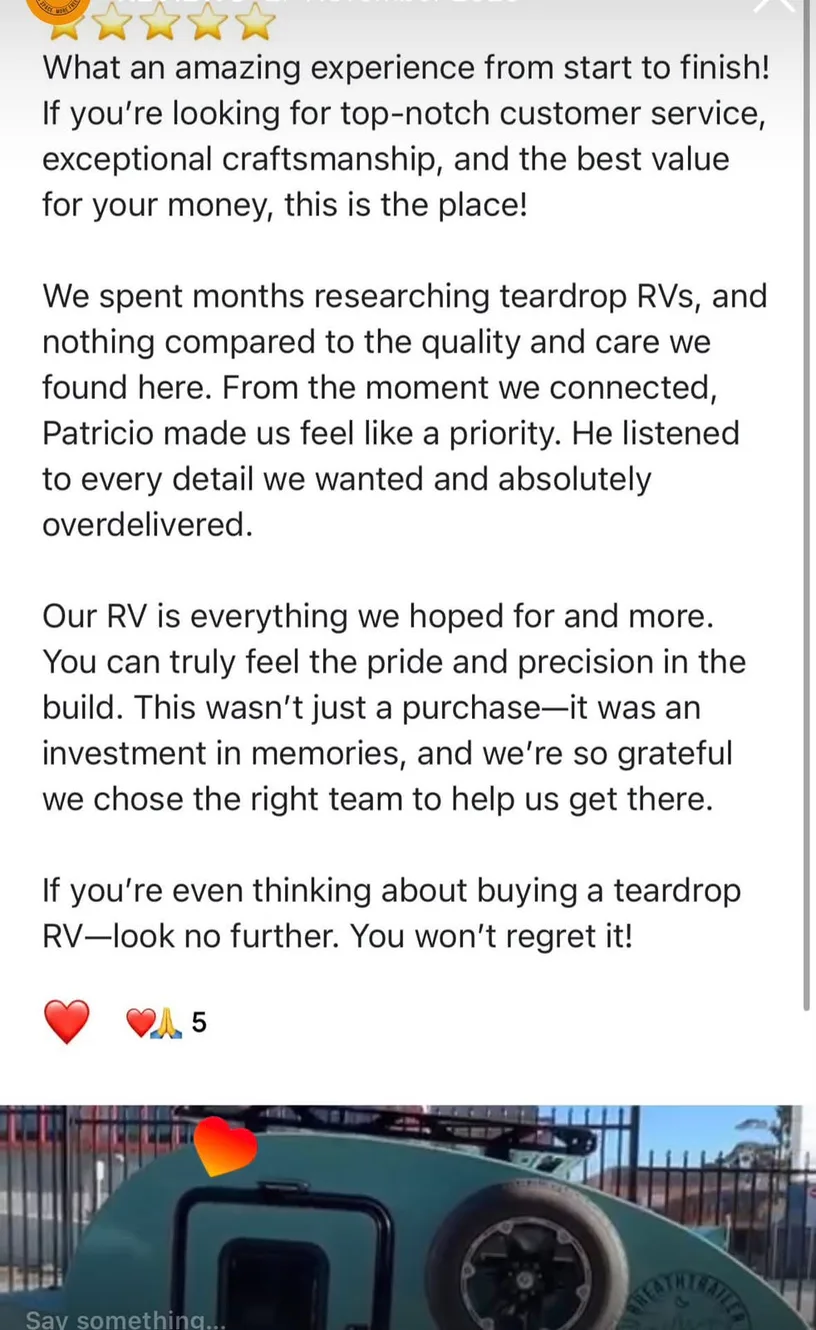 Facebook testimonial praising the Breath Trailer experience from start to finish