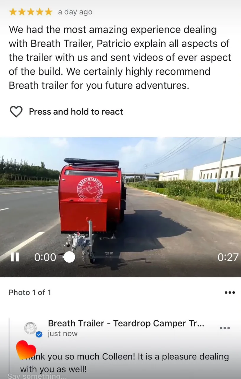 Facebook testimonial about Breath Trailer with red teardrop camper