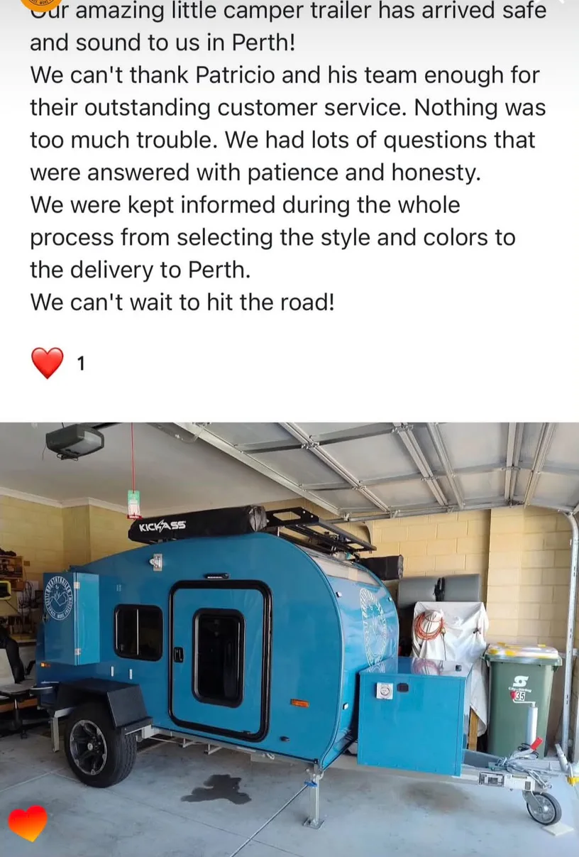 Facebook testimonial from a Perth owner with blue camper photo