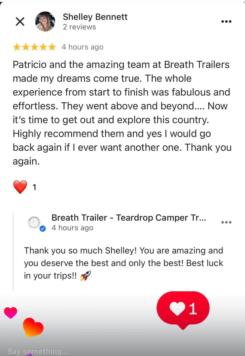 Google review from Shelley Bennett with Breath Trailer reply