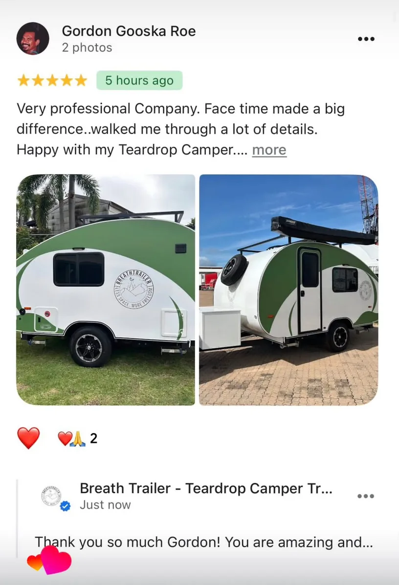 Google review from Gordon Goocka Roo with teardrop camper photo