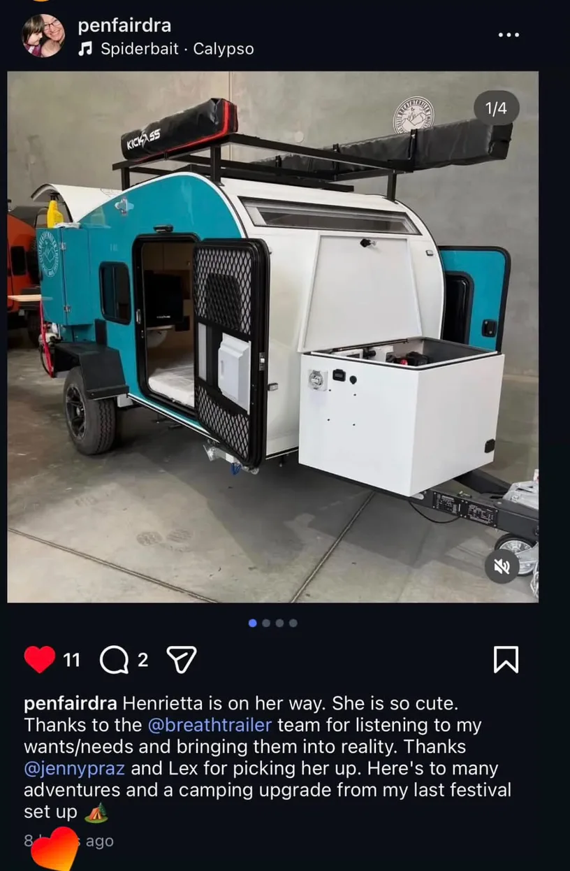 Instagram post featuring a Breath Trailer teardrop camper