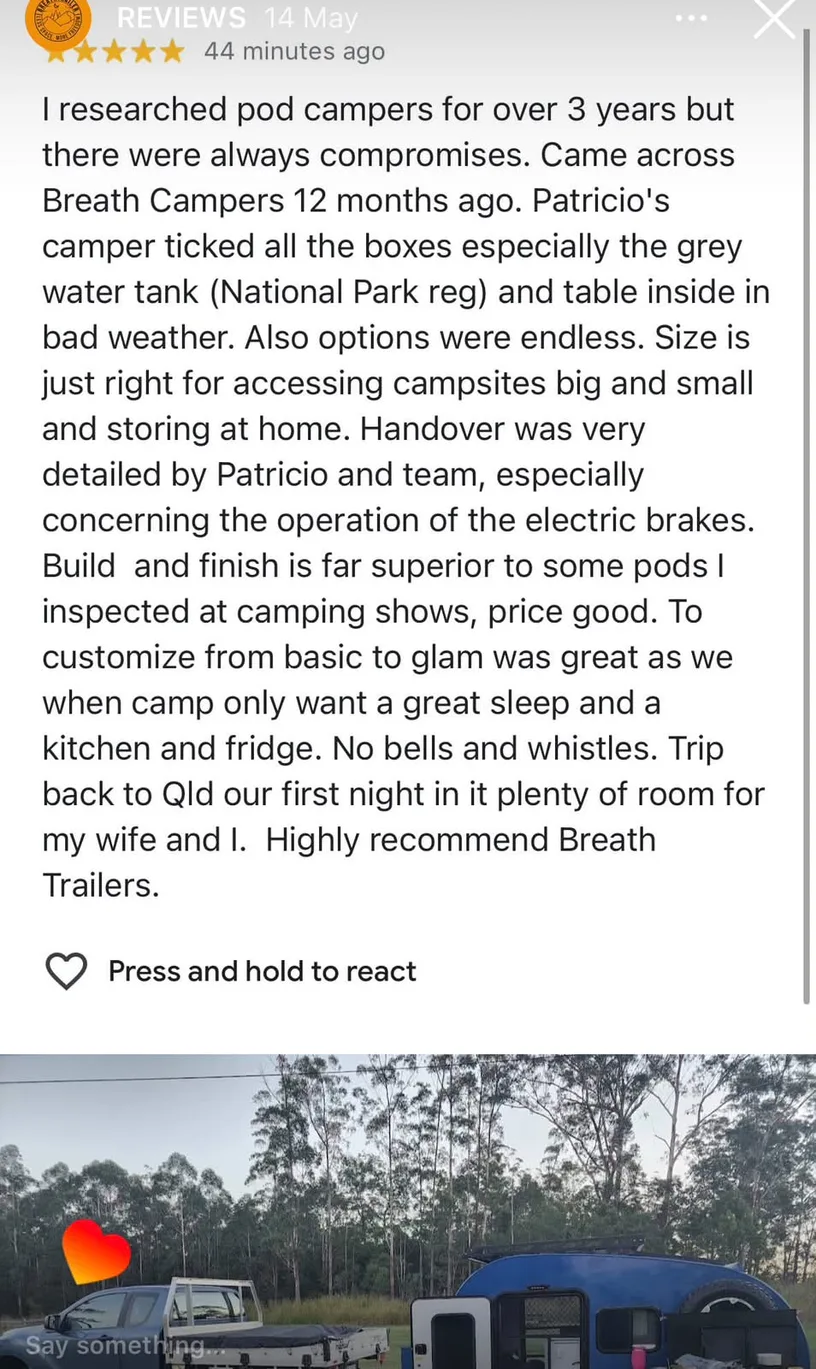 Facebook testimonial from a customer who compared trailers for three years