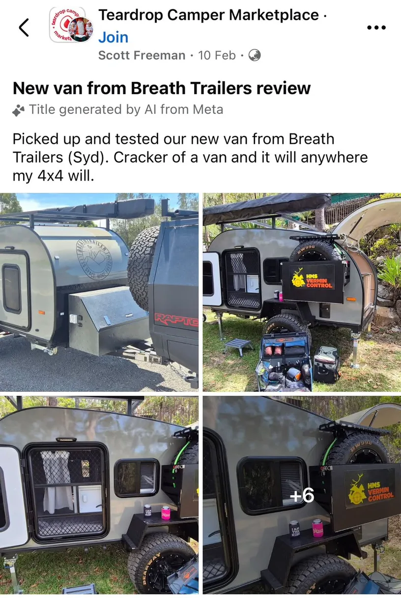 Facebook review of a new Breath Trailer van with photos