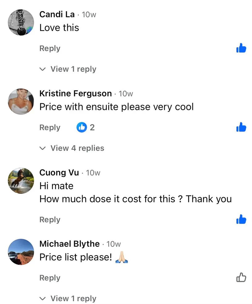 Facebook comments admiring a Breath Trailer camper