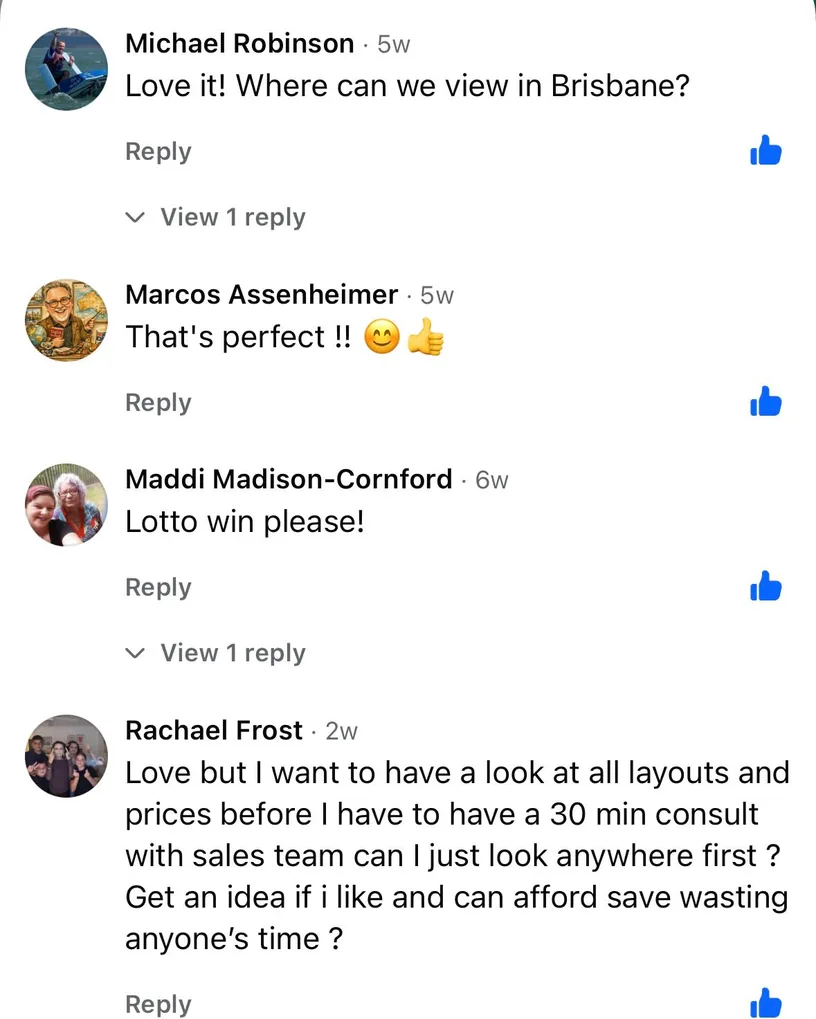 Facebook comments from customers interested in Breath Trailer